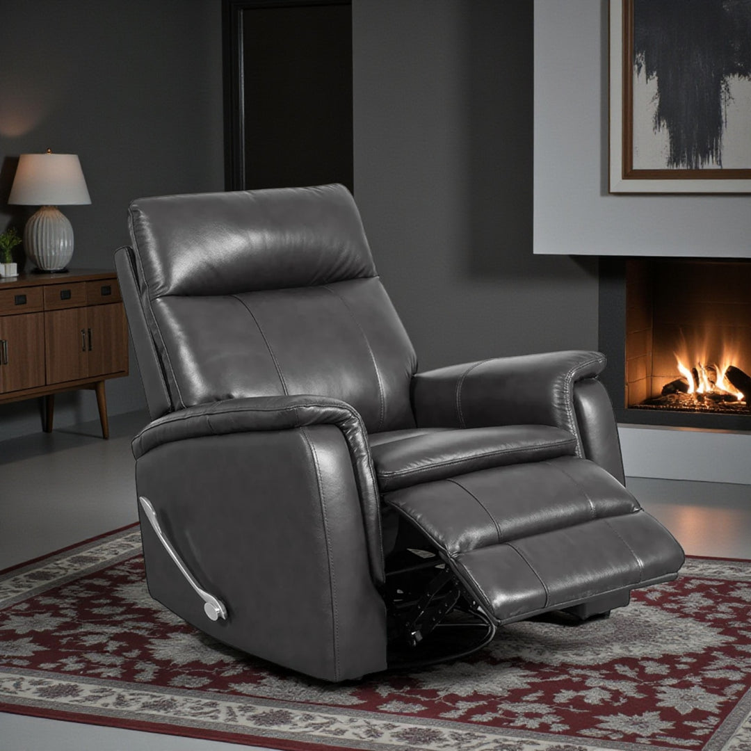 Damon Manual Recliner Chair in Leather Upholstery - Graphite | Genuine Leather, Swivel Base & Gentle Gliding Motion