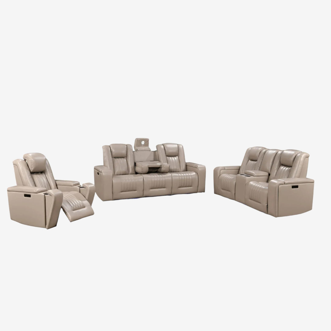 Vogue 3-Piece Power Recliner Set In Leathaire Upholstery - Warm Grey