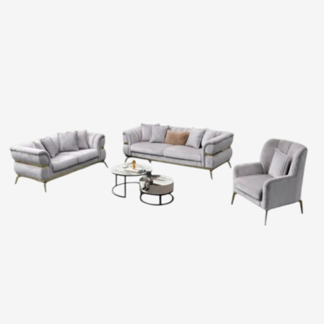 Swann 3-Piece Stationary Sofa Set In Fabric Upholstery - Grey/ Gold