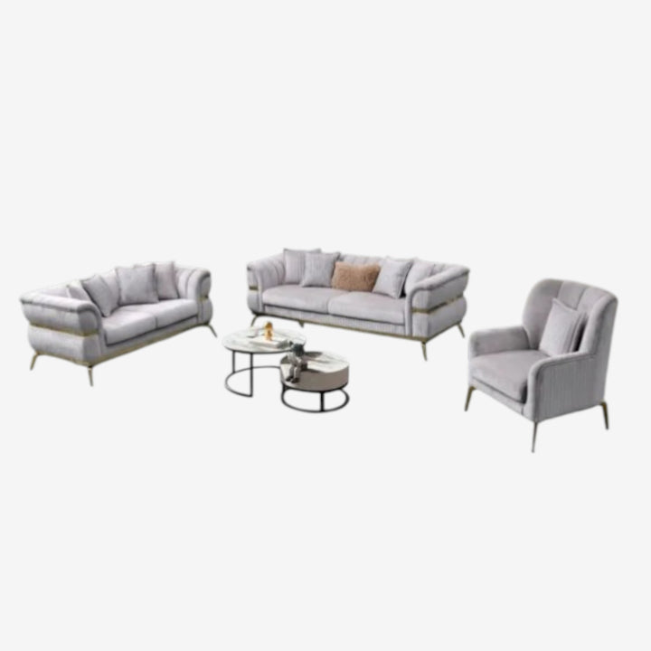 Swann 3-Piece Stationary Sofa Set In Fabric Upholstery - Grey/ Gold