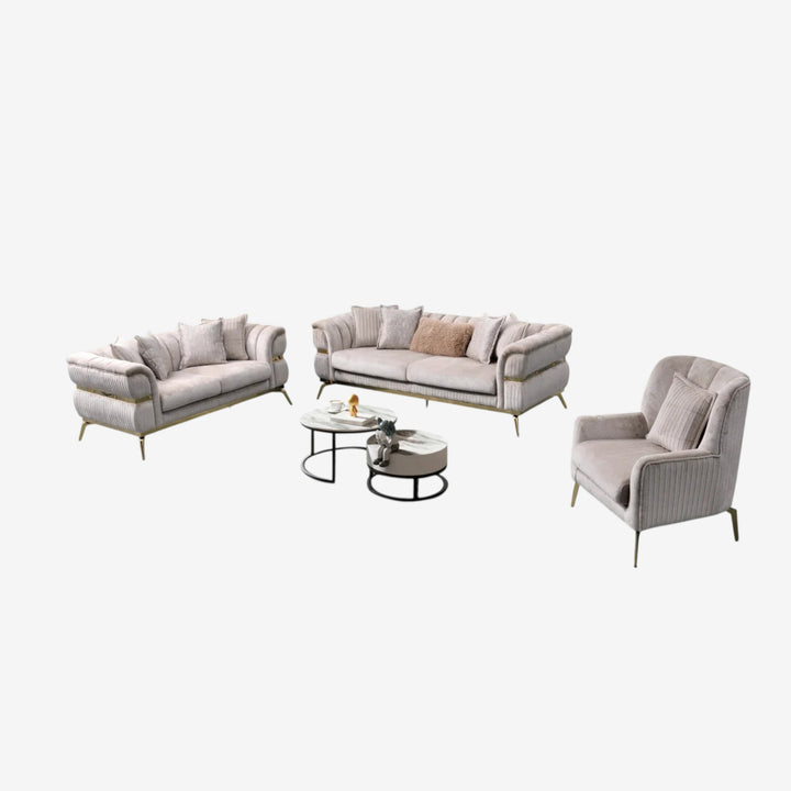 Swann 3-Piece Stationary Sofa Set In Fabric Upholstery - Beige/ Gold