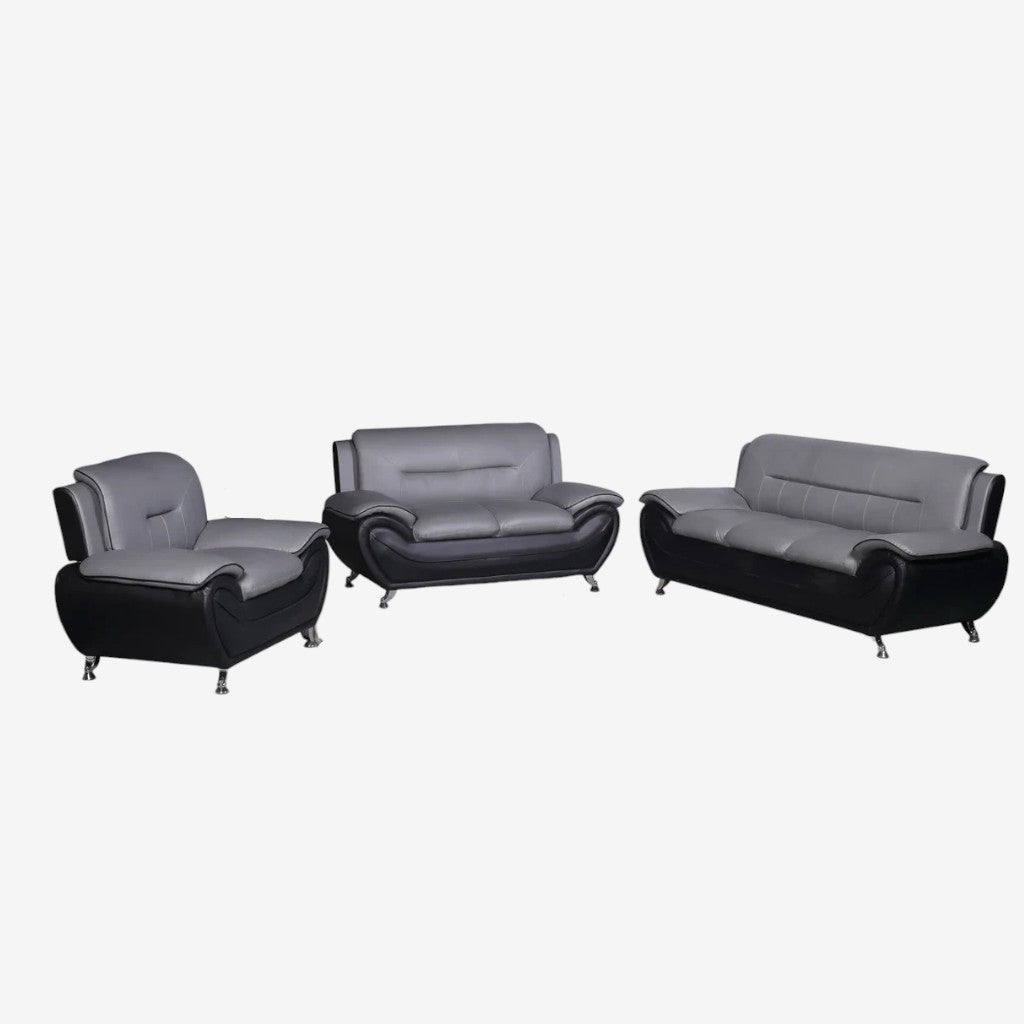 Gilan 3-Piece Sofa Set In Faux Leather Upholstery - Black/ Grey