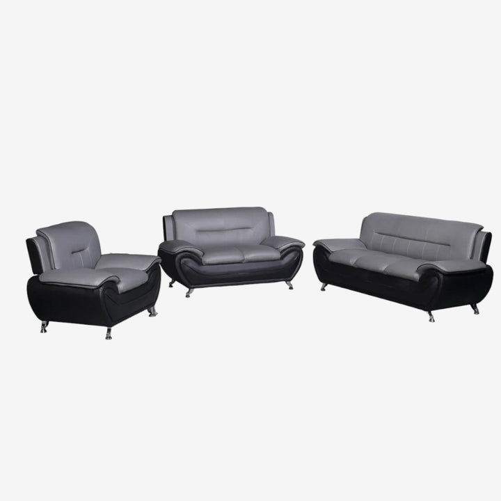Gilan 3-Piece Sofa Set In Faux Leather Upholstery - Black/ Grey