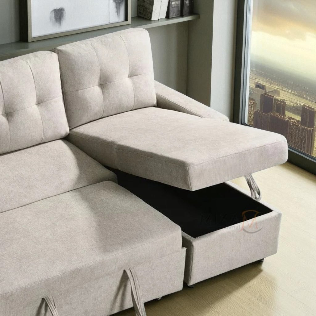 Evane Sectional Sofa Bed With Reversible Storage Chaise - Beige