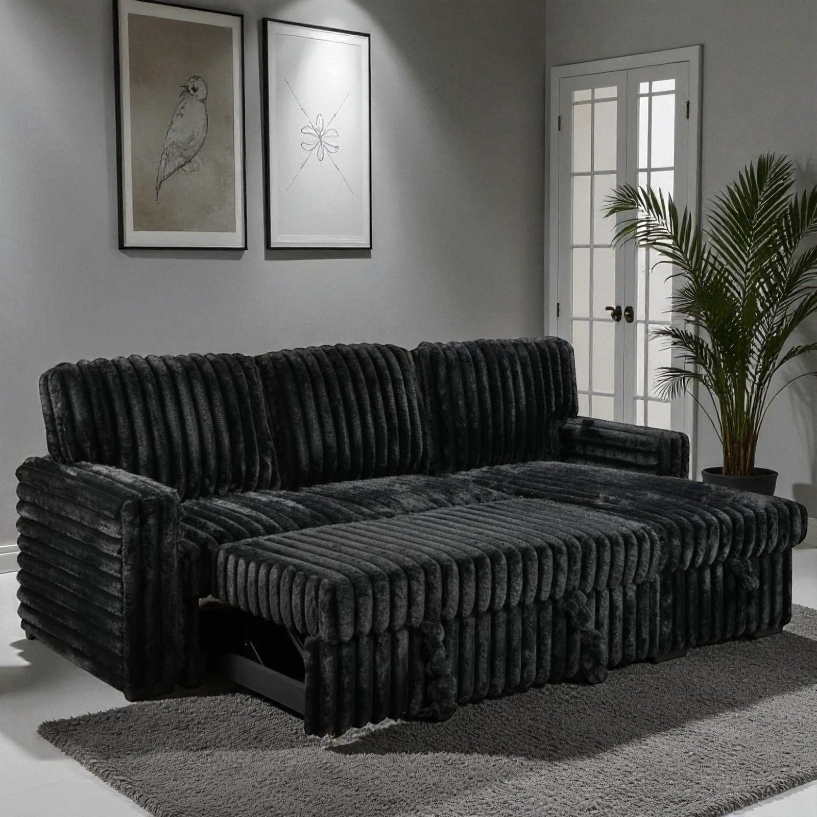 Flair Fabric Upholstered Sectional Sofa Bed With Reversible Storage Chaise - Black - Close-Up Detail