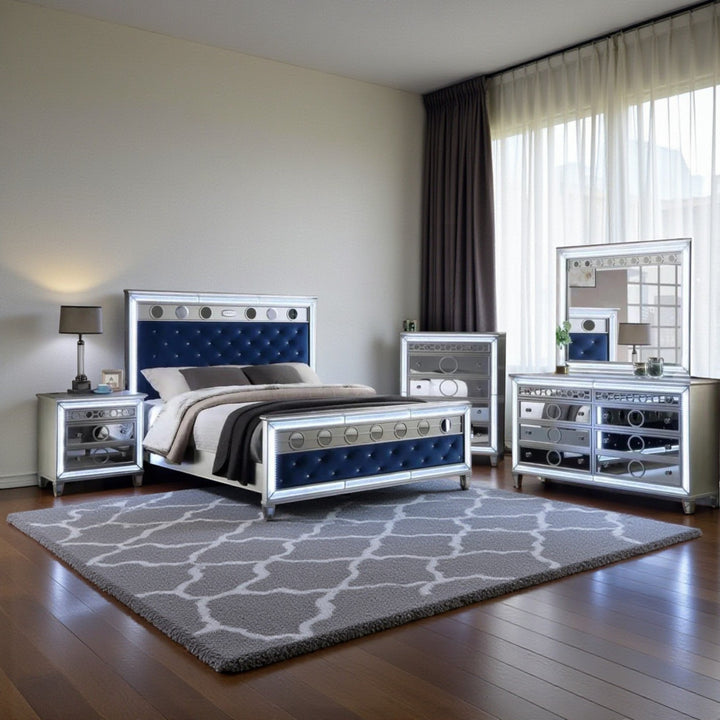 Flora 8-Piece Bedroom Set - Silver/ Blue | Built-in LED Lights, Bluetooth Speaker & Storage Options