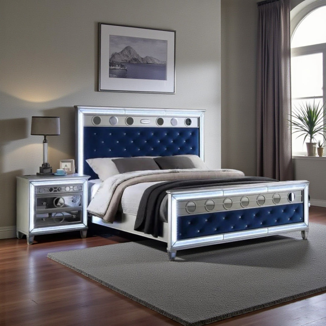 Flora 8-Piece Bedroom Set - Silver/ Blue | Built-in LED Lights, Bluetooth Speaker & Storage Options