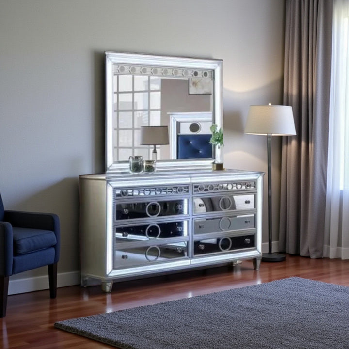 Flora 8-Piece Bedroom Set - Silver/ Blue | Built-in LED Lights, Bluetooth Speaker & Storage Options