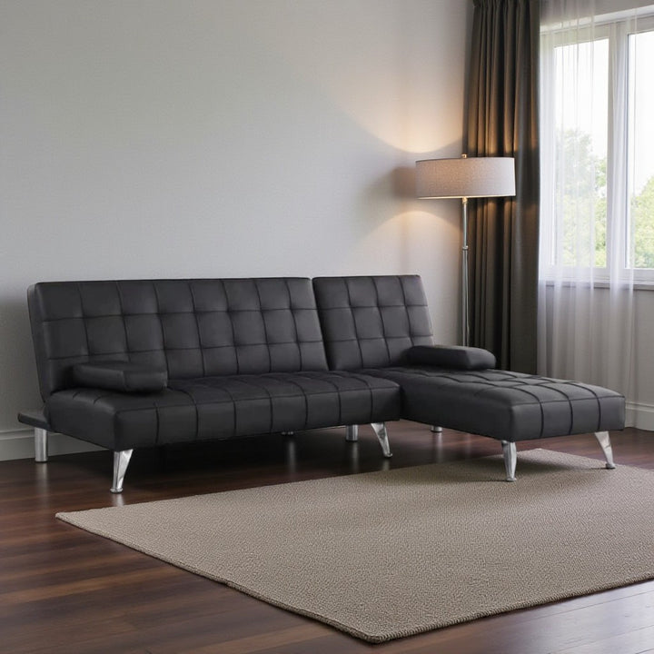 Orzen Leathaire Upholstered Sectional Sofa Bed - Black