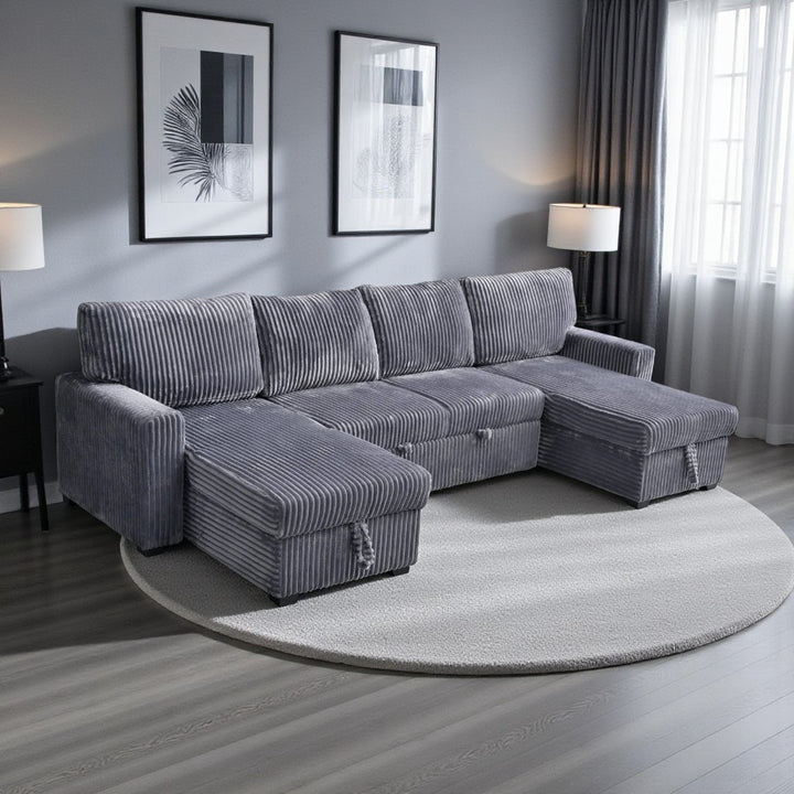 James Fabric Upholstered Sectional Sofa Bed With Dual Storage Chaise - Grey