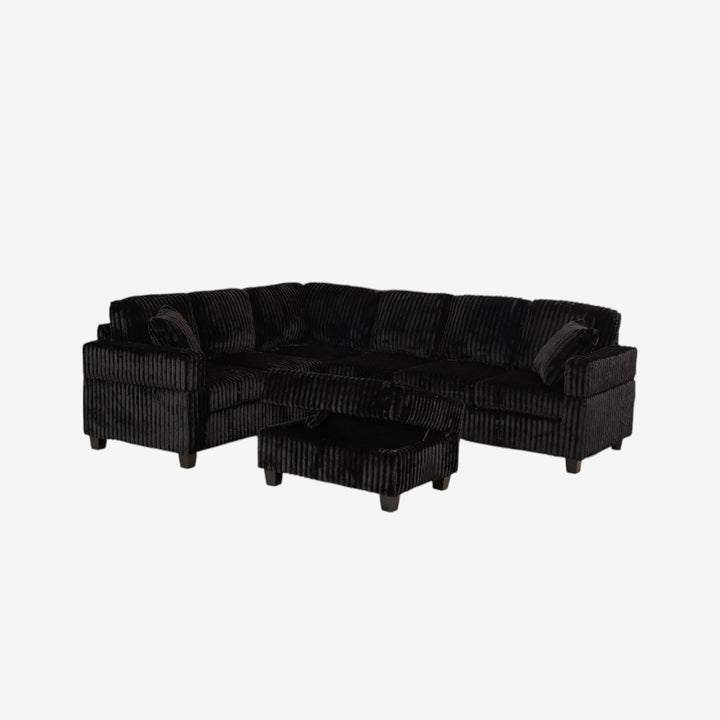 Xavier Canapé sectionnel rembourré en tissu avec pouf de rangement – Noir
