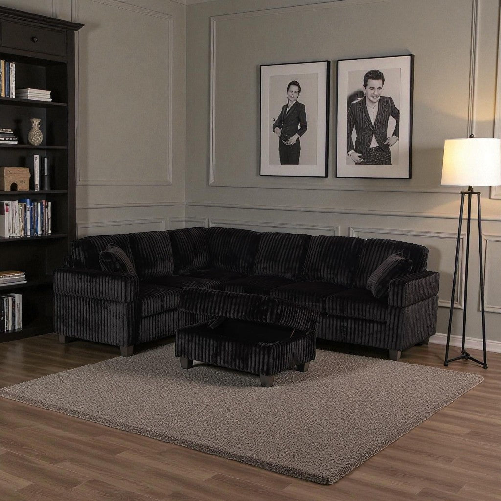 Xavier Fabric Upholstered Sectional Sofa With Storage Ottoman - Black | Modern, Comfortable & Reversible