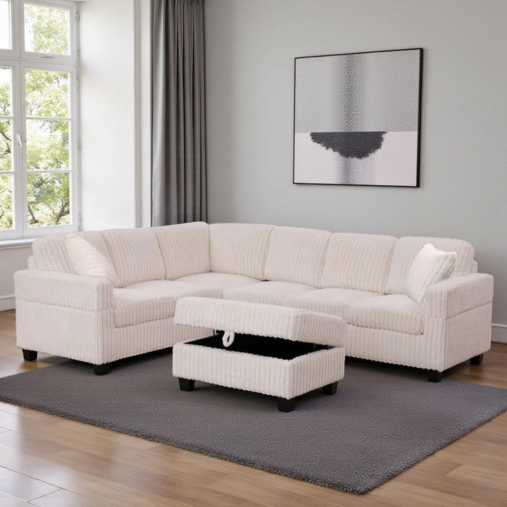 Xavier Fabric Upholstered Sectional Sofa With Storage Ottoman - Beige | Modern, Comfortable & Reversible