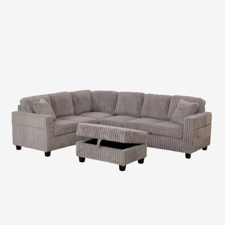 Xavier Canapé sectionnel rembourré en tissu avec pouf de rangement – Gris