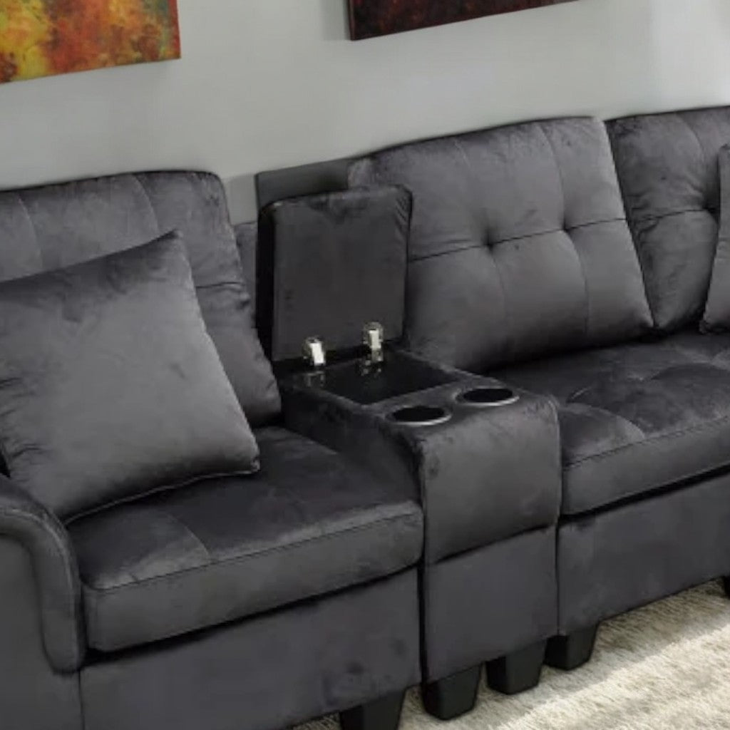 Albert Fabric Upholstered Sectional Sofa - Black | Reversible Design, Cup Holders & Storage Console