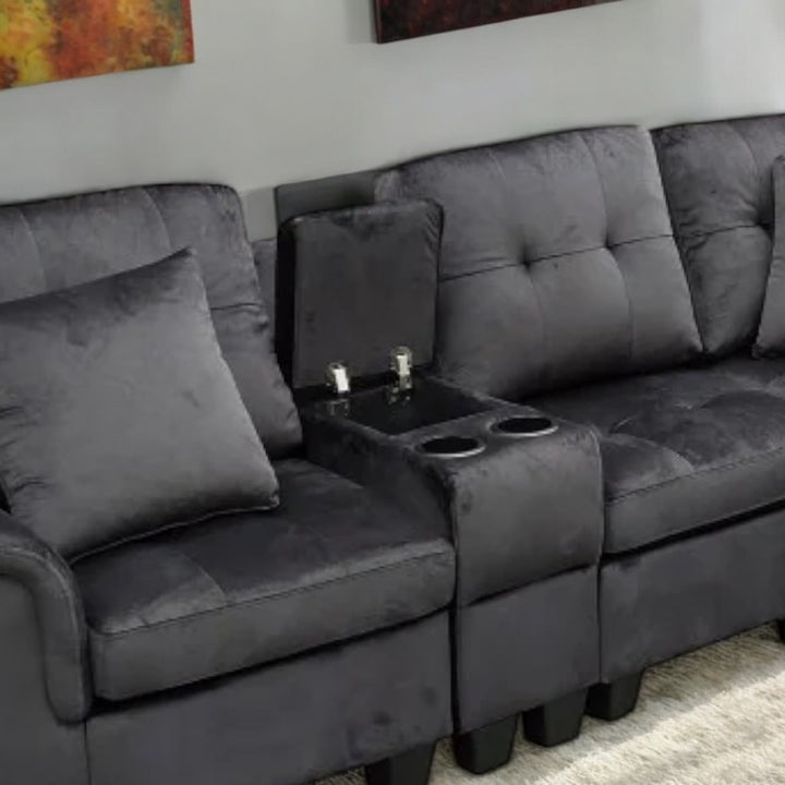 Albert Fabric Upholstered Sectional Sofa - Black | Reversible Design, Cup Holders & Storage Console