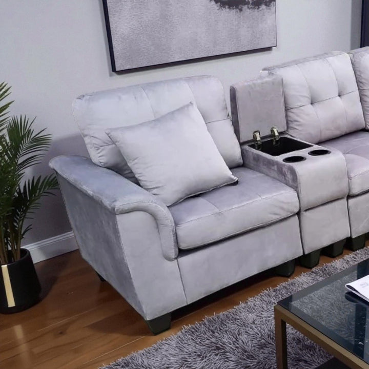 Albert Fabric Upholstered Sectional Sofa - Grey | Reversible Design, Cup Holders & Storage Console