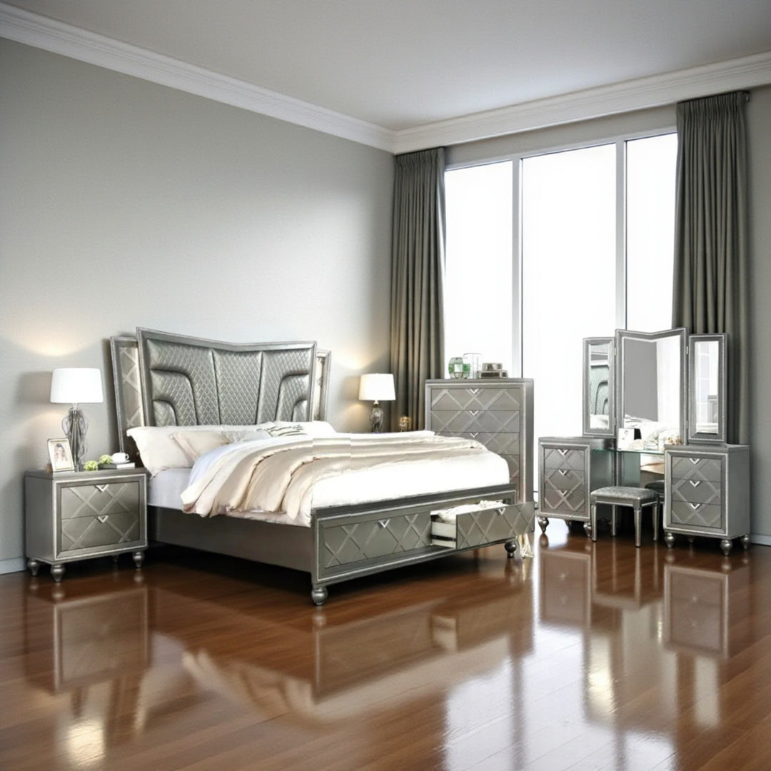 Lustre 8-Piece Bedroom Set With LED Lighting & Crystal Accents - Charcoal