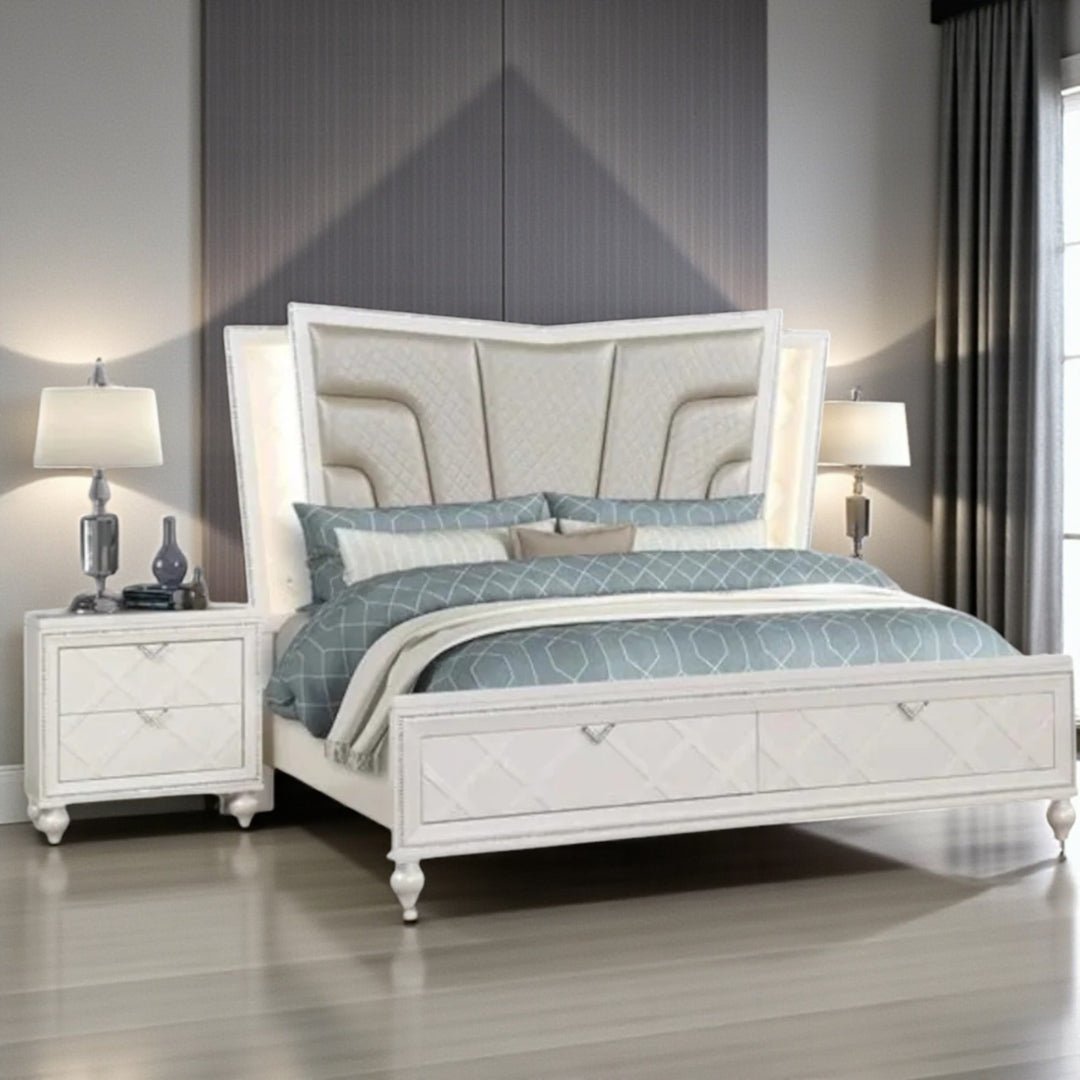 Lustre 8-Piece Bedroom Set With LED Lighting & Crystal Accents - White