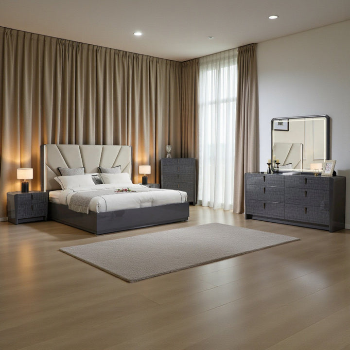 Nocturne 8-Piece Bedroom Set With Built-in LED Lights & Wireless Charging - Grey