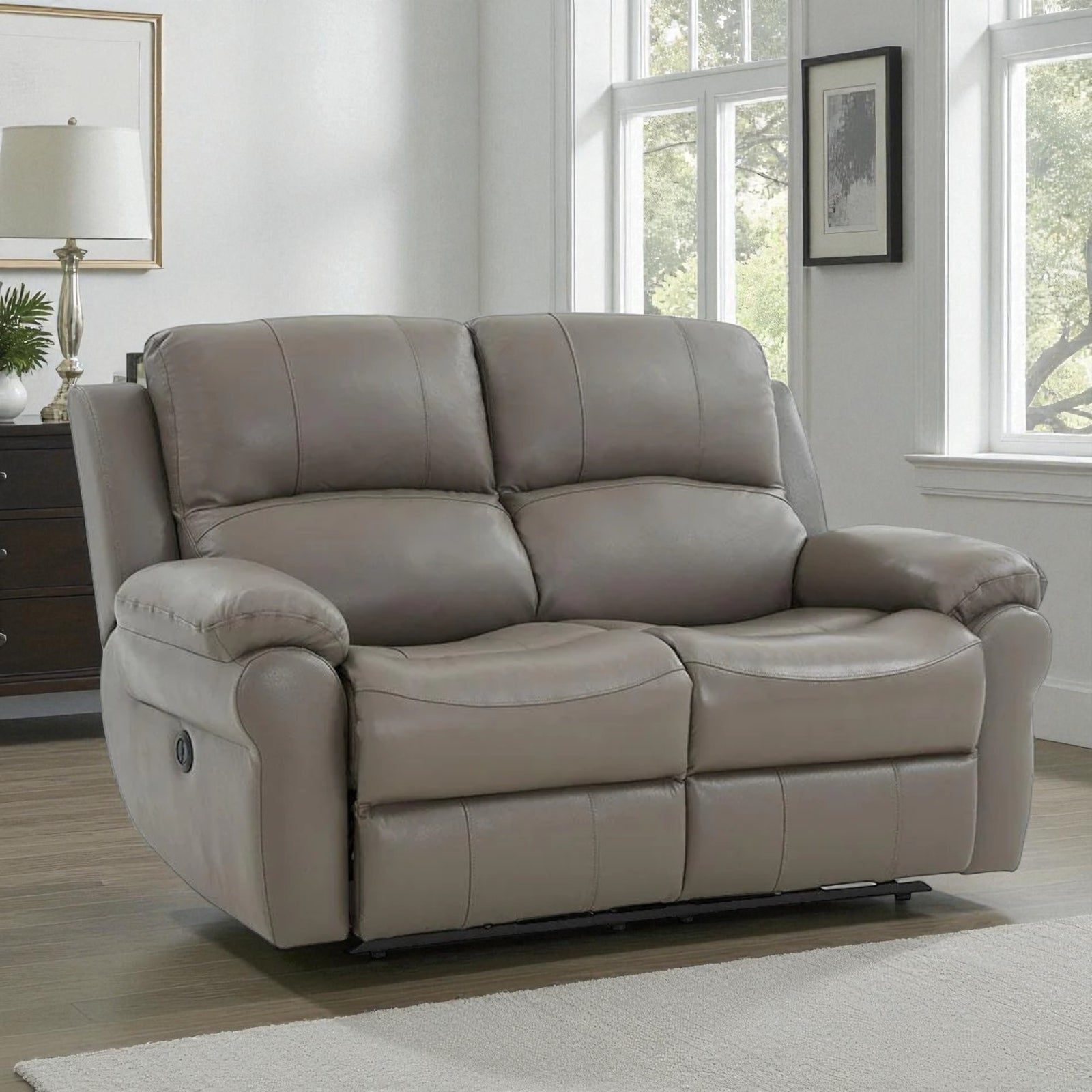 Emeren Power Recliner Loveseat in Leather Upholstery - Grey - Close-Up Detail