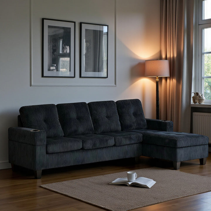 Elara Fabric Upholstered Sectional Sofa With Reversible Chaise - Black