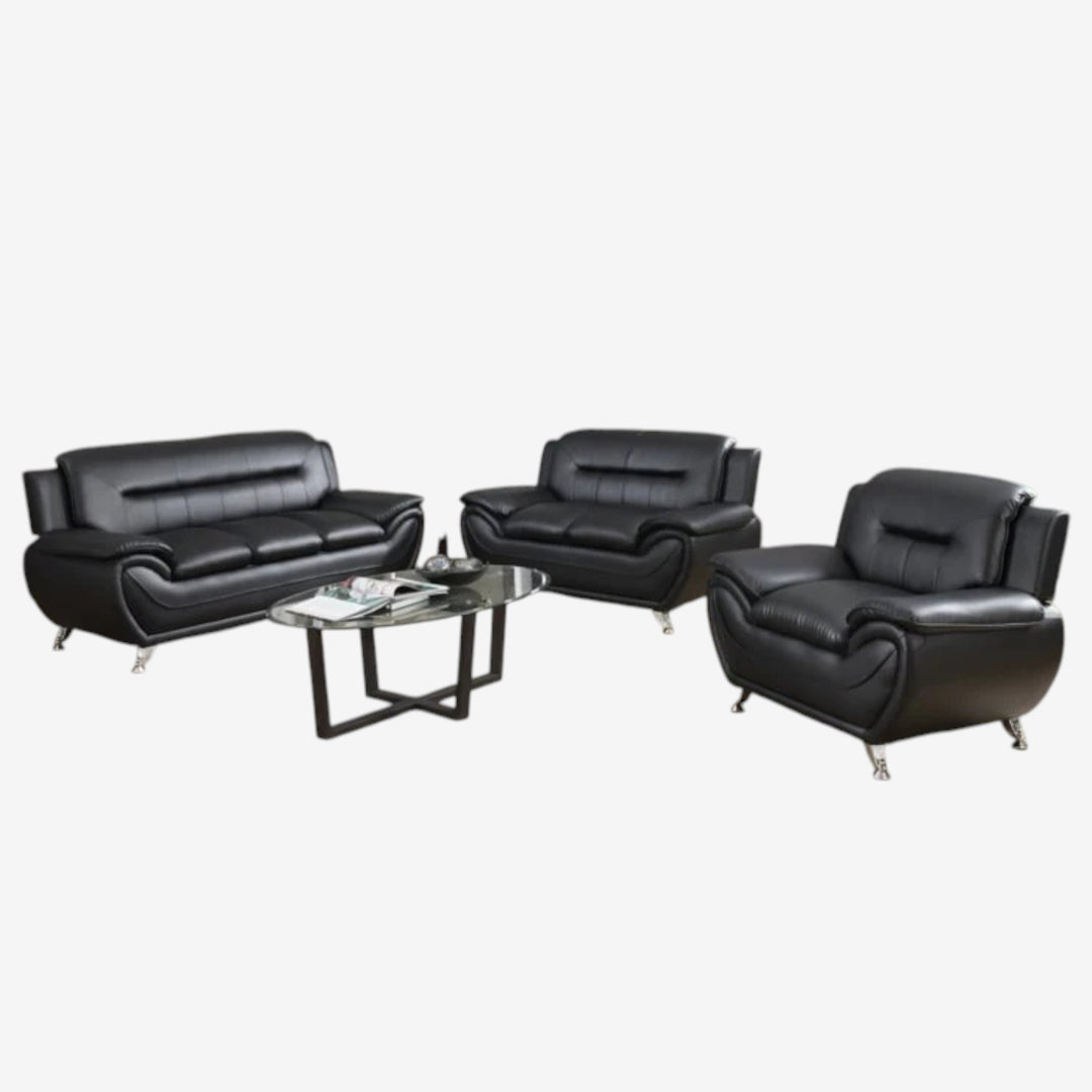 Gilan 3-Piece Sofa Set In Faux Leather Upholstery - Black