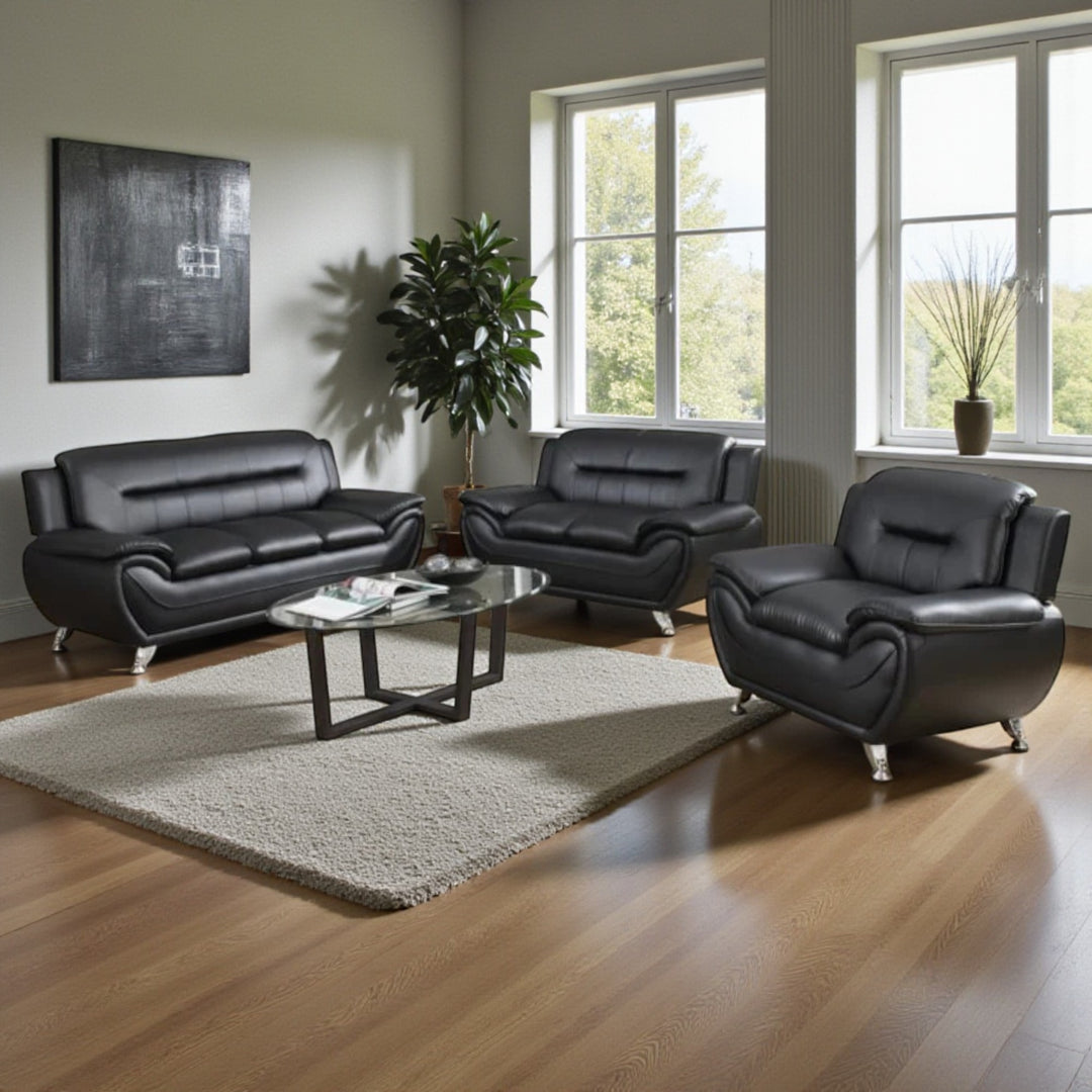 Gilan 3-Piece Sofa Set In Faux Leather Upholstery - Black