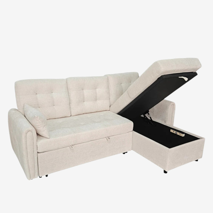 Céleste Fabric Upholstered Sectional Sofa Bed With Reversible Storage Chaise - Beige
