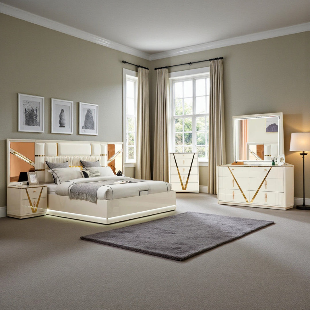 Fable 8-Piece Bedroom Set - White/ Gold | Timeless, Stylish, Durable & Storage Solution