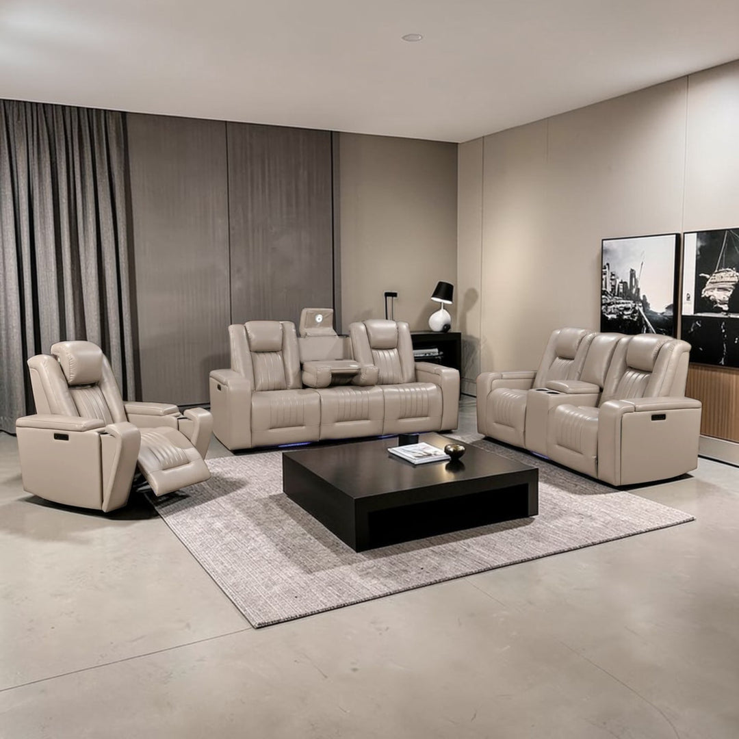 Vogue 3-Piece Power Recliner Set In Leathaire Upholstery - Warm Grey