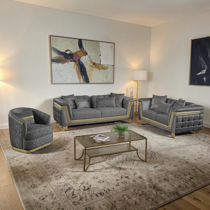 Sirri 3-Piece Stationary Sofa Set In Fabric Upholstery - Grey/ Gold