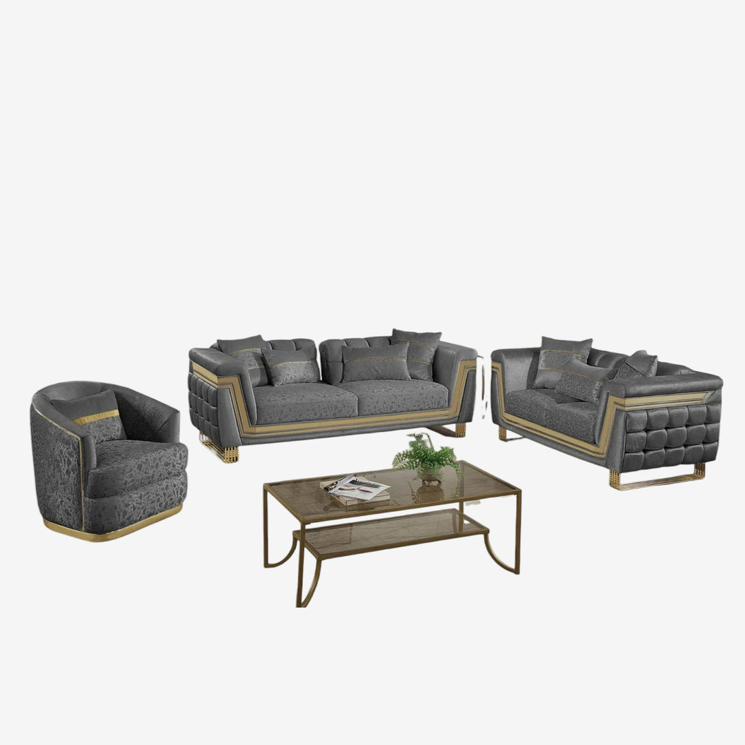 Sirri 3-Piece Stationary Sofa Set In Fabric Upholstery - Grey/ Gold