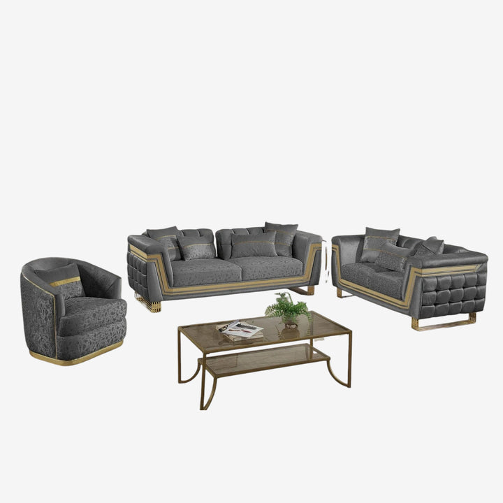 Sirri 3-Piece Stationary Sofa Set In Fabric Upholstery - Grey/ Gold