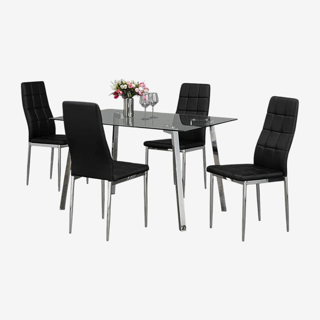 Silica Metallic Dining Table Set For 4 With PU Upholstered Chairs - Black/ Chrome