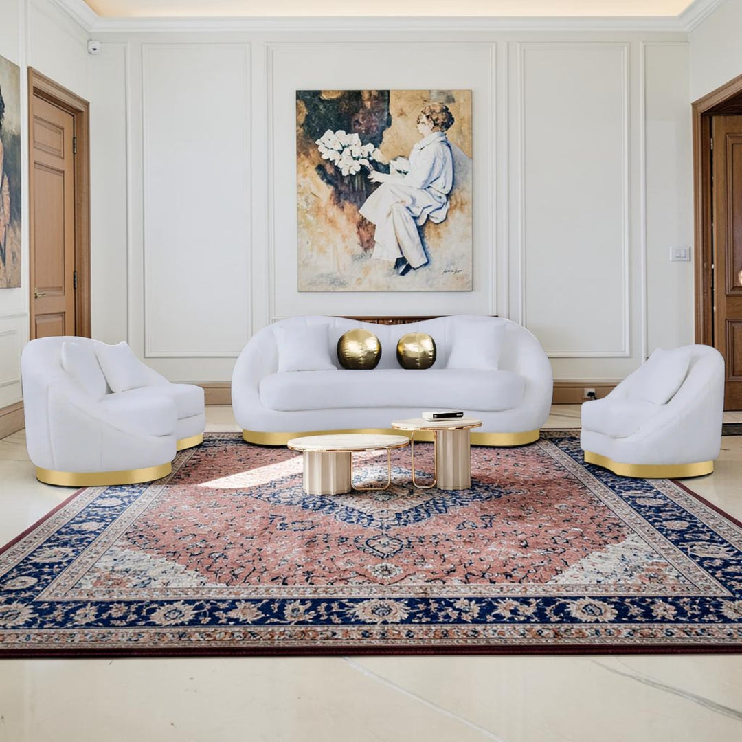 Marnus 3-Piece Velvet Upholstered Sofa Set In White/ Gold Finish