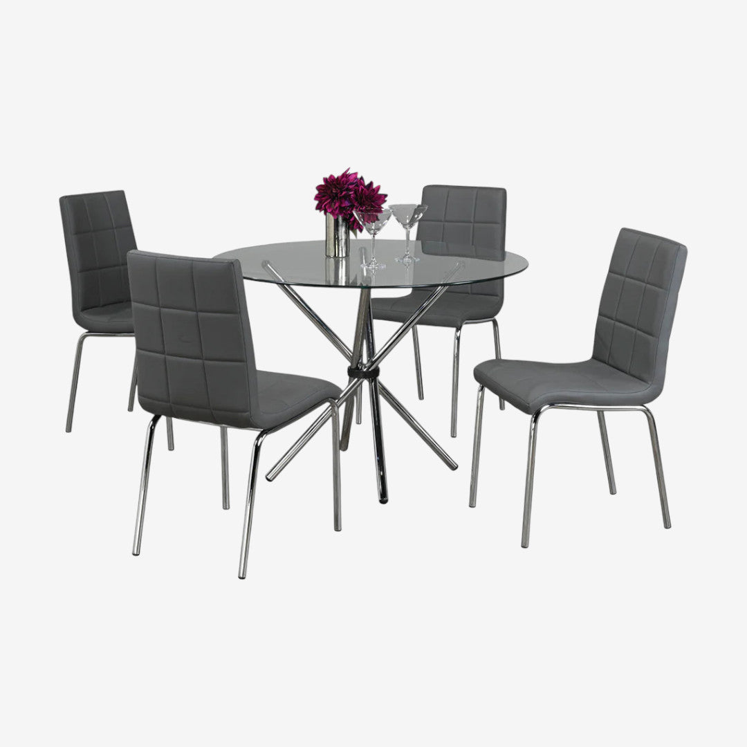 Orion Dining Table Set For 4 With PU Upholstered Chairs - Grey/ Chrome