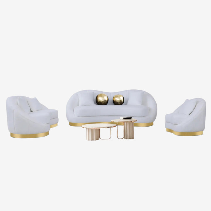 Marnus 3-Piece Velvet Upholstered Sofa Set In White/ Gold Finish