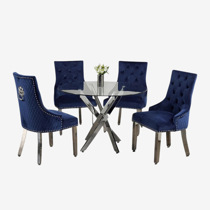 Dashiell Metallic Dining Table Set For 4 With Fabric Upholstered Chairs - Blue/ Chrome