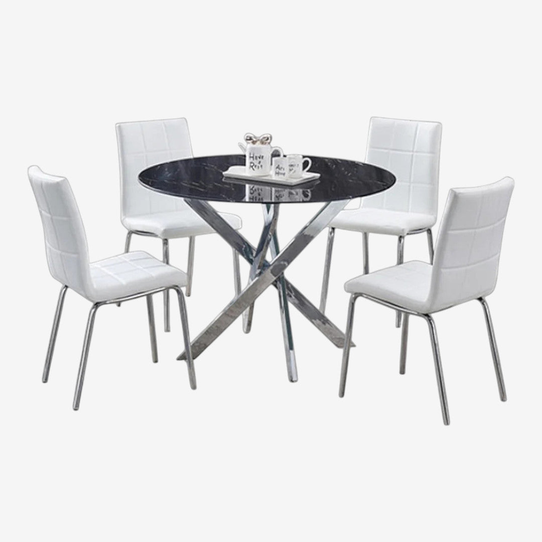 Orion Dining Table Set For 4 With PU Upholstered Chairs - White/ Chrome