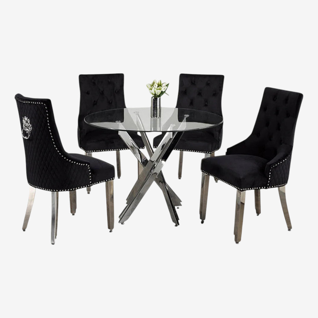 Dashiell Metallic Dining Table Set For 4 With Fabric Upholstered Chairs - Black/ Chrome