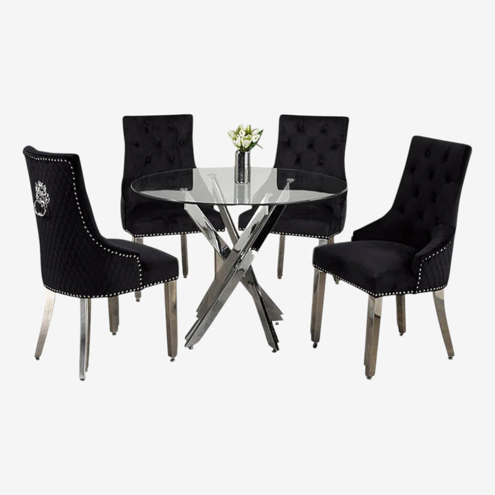 Dashiell Metallic Dining Table Set For 4 With Fabric Upholstered Chairs - Black/ Chrome