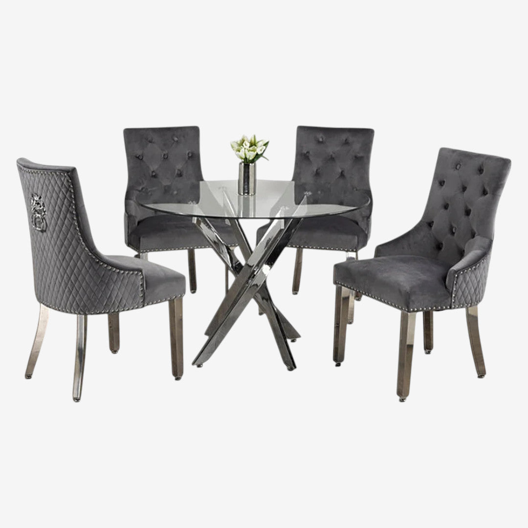 Dashiell Metallic Dining Table Set For 4 With Fabric Upholstered Chairs - Grey/ Chrome