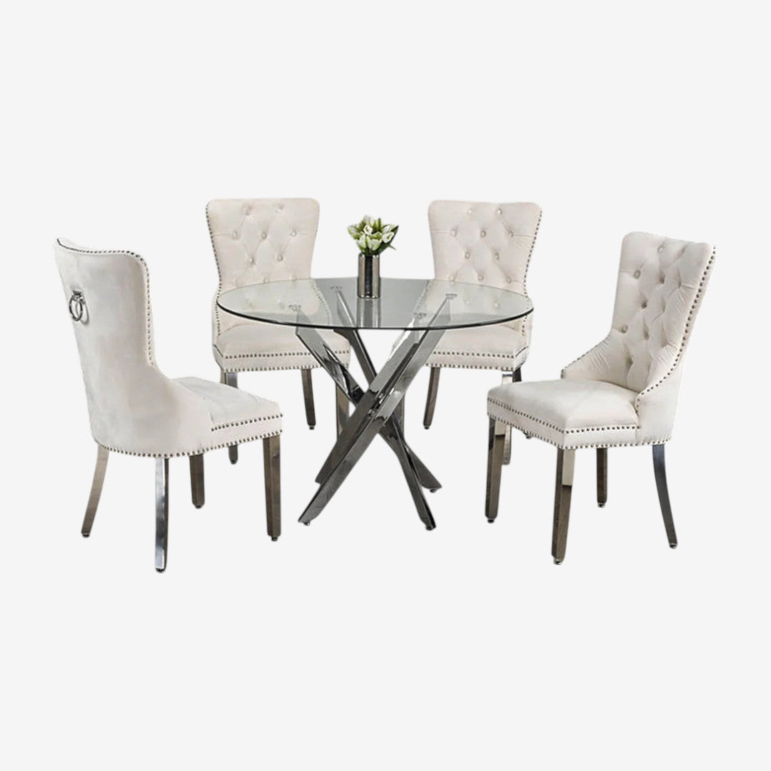 Dashiell Metallic Dining Table Set For 4 With Fabric Upholstered Chairs - Crème/ Chrome