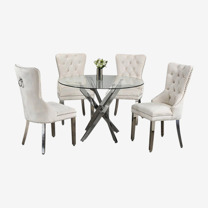 Dashiell Metallic Dining Table Set For 4 With Fabric Upholstered Chairs - Crème/ Chrome