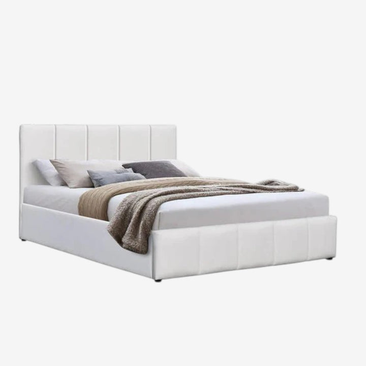 Stark Leather Platform Bed Frame With Hydraulic Lift-Up Storage - White