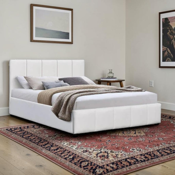 Stark Leather Platform Bed Frame With Hydraulic Lift-Up Storage - White