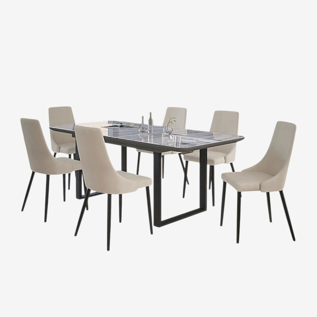 Delight Dining Table Set For 6 With Marble Table Top - Black/ Beige