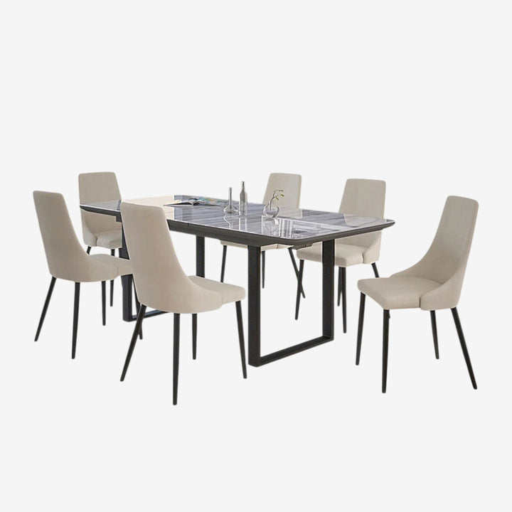 Delight Dining Table Set For 6 With Marble Table Top - Black/ Beige