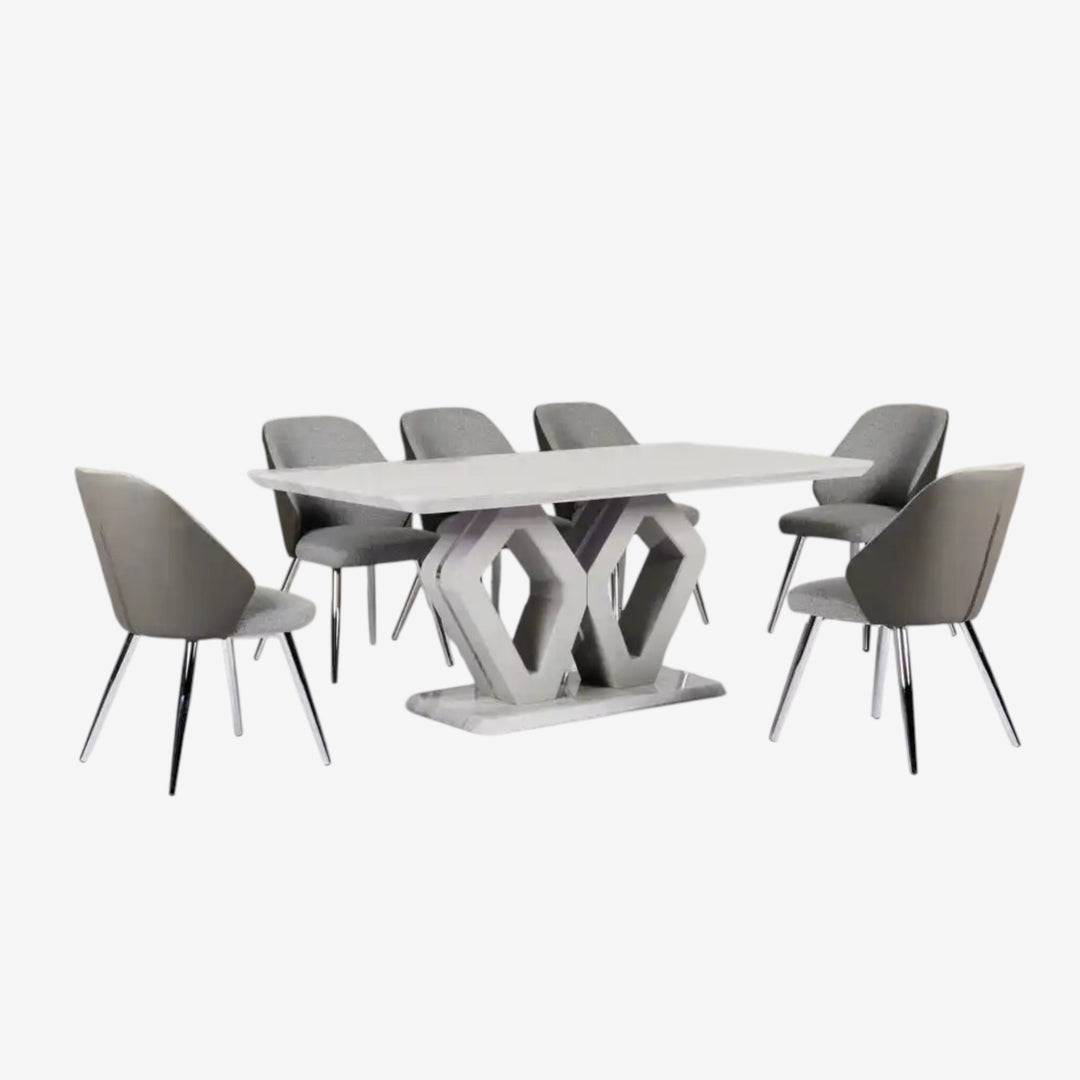 Villas Wooden Dining Table Set For 6 With Tempered Glass Top - Grey/ White